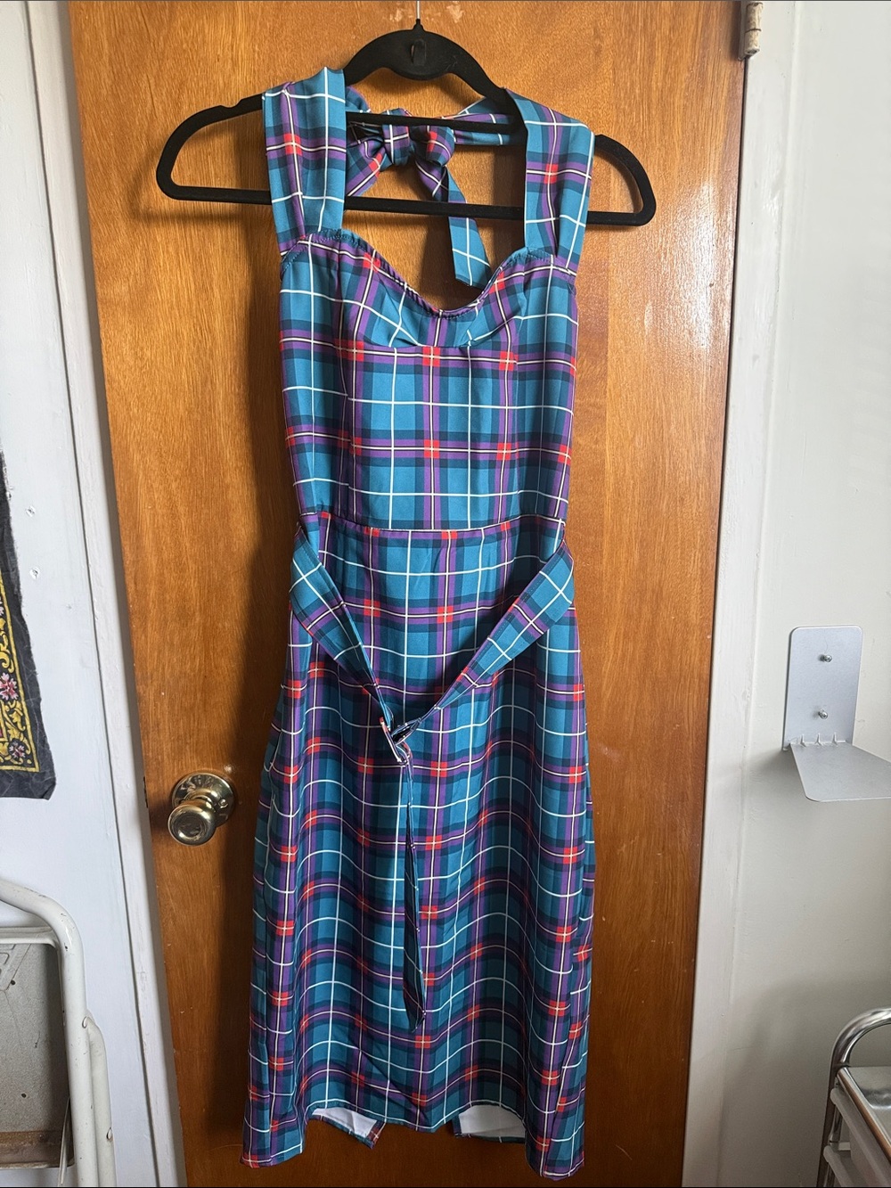 Plaid Teal, Red, Purple Tie-Back Sundress - Women
